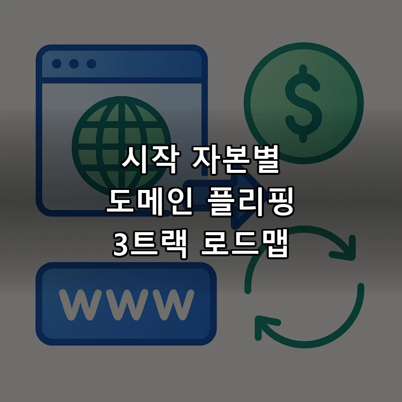 시작 자본별 도메인 플리핑 3트랙 로드맵 — 10만원·100만원·1000만원 투자 경로 플랫 벡터 일러스트