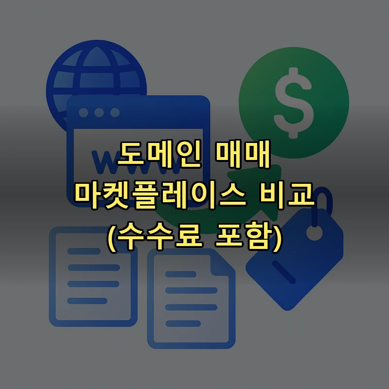 도메인 매매 마켓플레이스 수수료 비교 — Sedo, GoDaddy Auctions, Afternic, Dan.com 플랫폼 비교 일러스트