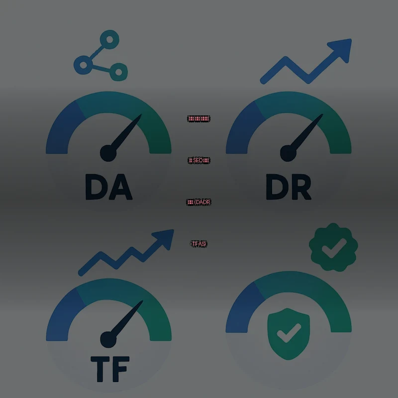 DA, DR, TF, AS 등 도메인 SEO 점수 지표 4종을 게이지 다이얼과 백링크 노드로 시각화한 플랫 벡터 일러스트