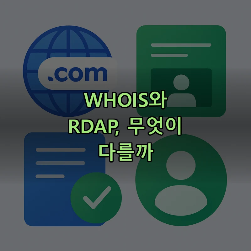 WHOIS와 RDAP 프로토콜 비교 — 구형 텍스트 터미널과 현대 JSON 응답 구조 차이를 나타낸 플랫 벡터 일러스트